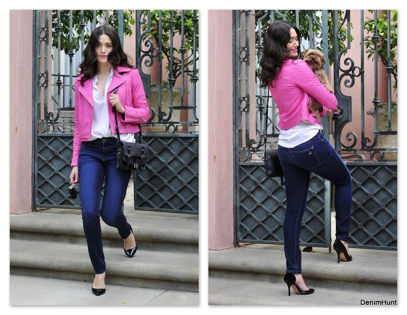 Emmy Rossum, DL1961 instasculpt, J Brand Aiah moto jacket, get the look, get the look for less, best jeans for spring 2014, celebrity  