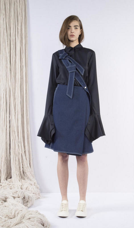 Claudia Li knee length denim skirt NY fashion week fall 2016